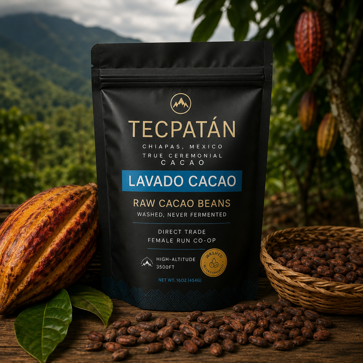 Packaged ceremonial lavado cacao with cacao pods and beans